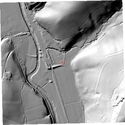 Shaded relief map of the ground around EX67PW, computed from Environment Agency LiDAR. The ground here sits at about 48 m above sea level and falls 127 m across the surrounding 800 m. Surface water reaching this point runs off ground lying to the east-south-east, 93.0 m higher.
