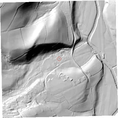 Shaded relief map of the ground around EX67QB, computed from Environment Agency LiDAR. The ground here sits at about 54 m above sea level and falls 91 m across the surrounding 800 m. Surface water reaching this point runs off ground lying to the south-west, 10.3 m higher.