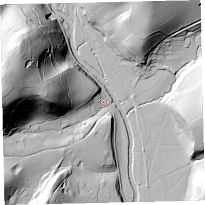 Shaded relief map of the ground around EX67QJ, computed from Environment Agency LiDAR. The ground here sits at about 40 m above sea level and falls 102 m across the surrounding 800 m. Surface water reaching this point runs off ground lying to the west, 97.4 m higher.