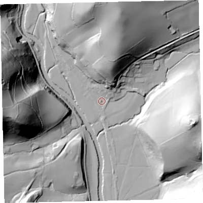 Shaded relief map of the ground around EX67QL, computed from Environment Agency LiDAR. The ground here sits at about 38 m above sea level and falls 86 m across the surrounding 800 m. Surface water reaching this point runs off ground lying to the north-north-east, 33.8 m higher.