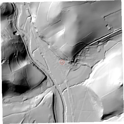 Shaded relief map of the ground around EX67QN, computed from Environment Agency LiDAR. The ground here sits at about 41 m above sea level and falls 90 m across the surrounding 800 m. Surface water reaching this point runs off ground lying to the north-north-east, 40.8 m higher.