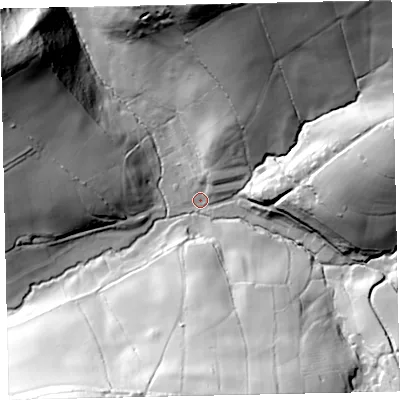 Shaded relief map of the ground around EX67QP, computed from Environment Agency LiDAR. The ground here sits at about 52 m above sea level and falls 74 m across the surrounding 800 m. Surface water reaching this point runs off ground lying to the north, 65.4 m higher.