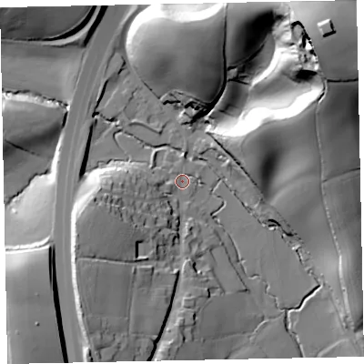 Shaded relief map of the ground around EX67TA, computed from Environment Agency LiDAR. The ground here sits at about 36 m above sea level and falls 79 m across the surrounding 800 m. Surface water reaching this point runs off ground lying to the west-south-west, 23.0 m higher.