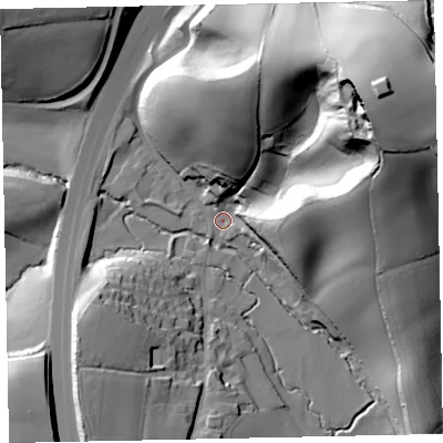 Shaded relief map of the ground around EX67TD, computed from Environment Agency LiDAR. The ground here sits at about 36 m above sea level and falls 78 m across the surrounding 800 m. Surface water reaching this point runs off ground lying to the north-east, 74.4 m higher.