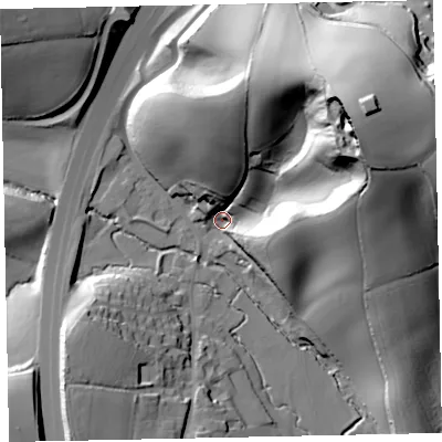 Shaded relief map of the ground around EX67TE, computed from Environment Agency LiDAR. The ground here sits at about 38 m above sea level and falls 78 m across the surrounding 800 m. Surface water reaching this point runs off ground lying to the north-east, 72.6 m higher.