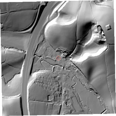 Shaded relief map of the ground around EX67TG, computed from Environment Agency LiDAR. The ground here sits at about 36 m above sea level and falls 78 m across the surrounding 800 m. Surface water reaching this point runs off ground lying to the north-east, 59.8 m higher.