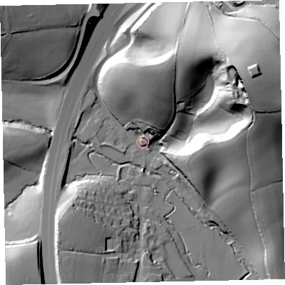 Shaded relief map of the ground around EX67TH, computed from Environment Agency LiDAR. The ground here sits at about 38 m above sea level and falls 78 m across the surrounding 800 m. Surface water reaching this point runs off ground lying to the north-east, 72.5 m higher.