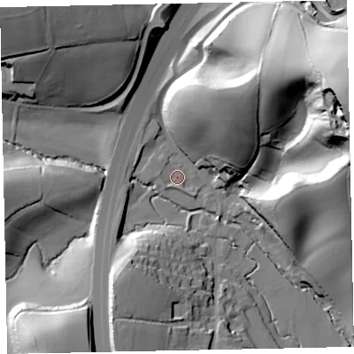 Shaded relief map of the ground around EX67TJ, computed from Environment Agency LiDAR. The ground here sits at about 37 m above sea level and falls 74 m across the surrounding 800 m. Surface water reaching this point runs off ground lying to the north-west, 2.1 m higher.