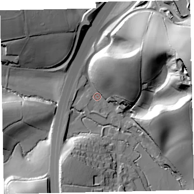 Shaded relief map of the ground around EX67TL, computed from Environment Agency LiDAR. The ground here sits at about 37 m above sea level and falls 75 m across the surrounding 800 m. Surface water reaching this point runs off ground lying to the east-north-east, 69.3 m higher.