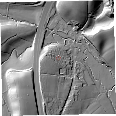 Shaded relief map of the ground around EX67TP, computed from Environment Agency LiDAR. The ground here sits at about 46 m above sea level and falls 74 m across the surrounding 800 m. Surface water reaching this point runs off ground lying to the west-south-west, 13.9 m higher.