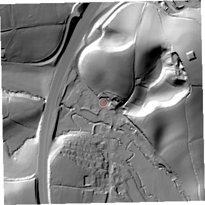 Shaded relief map of the ground around EX67TQ, computed from Environment Agency LiDAR. The ground here sits at about 36 m above sea level and falls 77 m across the surrounding 800 m. Surface water reaching this point runs off ground lying to the east-north-east, 72.5 m higher.