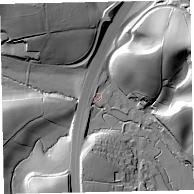 Shaded relief map of the ground around EX67TW, computed from Environment Agency LiDAR. The ground here sits at about 37 m above sea level and falls 60 m across the surrounding 800 m. Surface water reaching this point runs off ground lying to the south-south-west, 28.0 m higher.