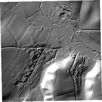 Shaded relief map of the ground around EX67UH, computed from Environment Agency LiDAR. The ground here sits at about 32 m above sea level and falls 47 m across the surrounding 800 m. Surface water reaching this point runs off ground lying to the west, 35.7 m higher.