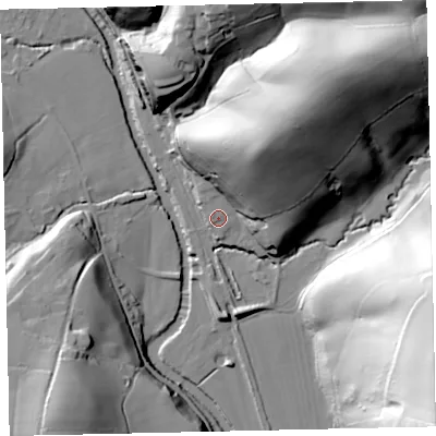 Shaded relief map of the ground around EX67YT, computed from Environment Agency LiDAR. The ground here sits at about 51 m above sea level and falls 81 m across the surrounding 800 m. Surface water reaching this point runs off ground lying to the north-north-east, 36.7 m higher.