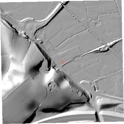 Shaded relief map of the ground around EX68AA, computed from Environment Agency LiDAR. The ground here sits at about 2 m above sea level and falls 55 m across the surrounding 800 m. Surface water reaching this point runs off ground lying to the west-south-west, 53.0 m higher.