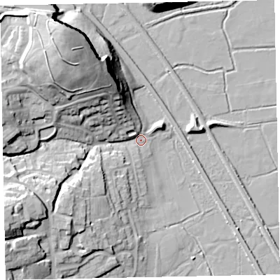 Shaded relief map of the ground around EX68AG, computed from Environment Agency LiDAR. The ground here sits at about 2 m above sea level and falls 36 m across the surrounding 800 m. Surface water reaching this point runs off ground lying to the north-west, 34.0 m higher.