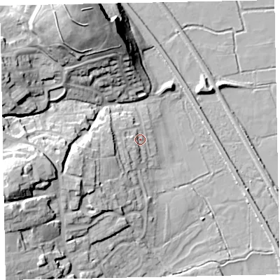 Shaded relief map of the ground around EX68AH, computed from Environment Agency LiDAR. The ground here sits at about 5 m above sea level and falls 34 m across the surrounding 800 m. Surface water reaching this point runs off ground lying to the west, 3.5 m higher.
