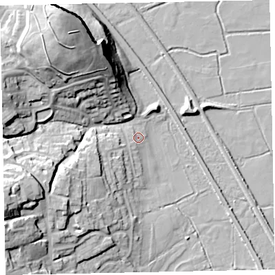 Shaded relief map of the ground around EX68AQ, computed from Environment Agency LiDAR. The ground here sits at about 3 m above sea level and falls 36 m across the surrounding 800 m. Surface water reaching this point runs off ground lying to the south-west, 1.7 m higher.