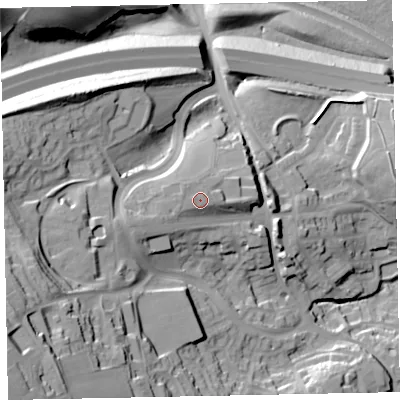 Shaded relief map of the ground around EX68AT, computed from Environment Agency LiDAR. The ground here sits at about 33 m above sea level and falls 61 m across the surrounding 800 m. Surface water reaching this point runs off ground lying to the west, 1.8 m higher.