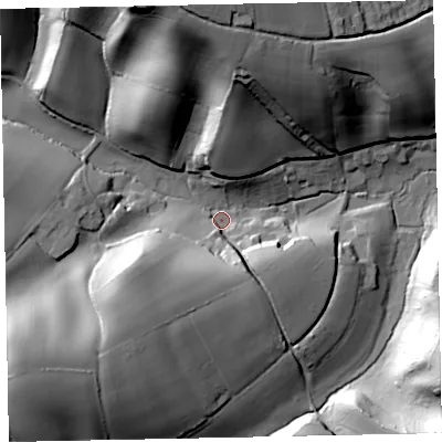 Shaded relief map of the ground around EX68AZ, computed from Environment Agency LiDAR. The ground here sits at about 12 m above sea level and falls 51 m across the surrounding 800 m. Surface water reaching this point runs off ground lying to the north-north-west, 47.3 m higher.