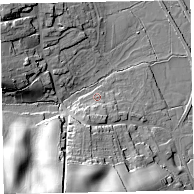 Shaded relief map of the ground around EX68BP, computed from Environment Agency LiDAR. The ground here sits at about 6 m above sea level and falls 48 m across the surrounding 800 m. Surface water reaching this point runs off ground lying to the south-south-west, 9.1 m higher.