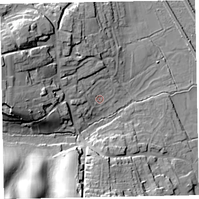 Shaded relief map of the ground around EX68DL, computed from Environment Agency LiDAR. The ground here sits at about 5 m above sea level and falls 34 m across the surrounding 800 m. Surface water reaching this point runs off ground lying to the west, 6.9 m higher.
