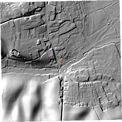 Shaded relief map of the ground around EX68DN, computed from Environment Agency LiDAR. The ground here sits at about 7 m above sea level and falls 48 m across the surrounding 800 m. Surface water reaching this point runs off ground lying to the west-north-west, 24.5 m higher.