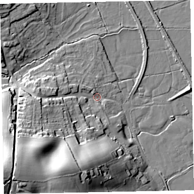 Shaded relief map of the ground around EX68DY, computed from Environment Agency LiDAR. The ground here sits at about 3 m above sea level and falls 46 m across the surrounding 800 m. Surface water reaching this point runs off ground lying to the south-west, 43.2 m higher.