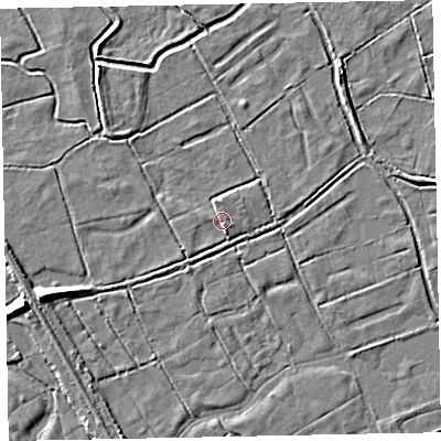 Shaded relief map of the ground around EX68DZ, computed from Environment Agency LiDAR. The ground here sits at about 2 m above sea level and falls 6 m across the surrounding 800 m. Surface water reaching this point runs off ground lying to the south-south-east, 1.0 m higher.