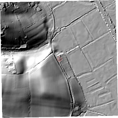 Shaded relief map of the ground around EX68EB, computed from Environment Agency LiDAR. The ground here sits at about 6 m above sea level and falls 36 m across the surrounding 800 m. Surface water reaching this point runs off ground lying to the south-south-west, 19.3 m higher.
