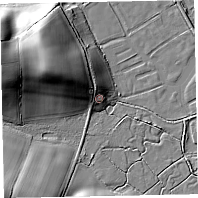 Shaded relief map of the ground around EX68ED, computed from Environment Agency LiDAR. The ground here sits at about 6 m above sea level and falls 26 m across the surrounding 800 m. Surface water reaching this point runs off ground lying to the north-west, 13.9 m higher.