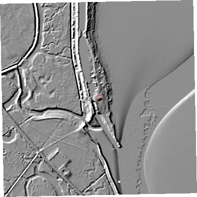 Shaded relief map of the ground around EX68EE, computed from Environment Agency LiDAR. The ground here sits at about 4 m above sea level and falls 6 m across the surrounding 800 m. Surface water reaching this point runs off ground lying to the north-north-west, 2.3 m higher.