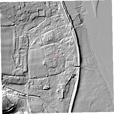 Shaded relief map of the ground around EX68EH, computed from Environment Agency LiDAR. The ground here sits at about 3 m above sea level and falls 24 m across the surrounding 800 m. Surface water reaching this point runs off ground lying to the west, 1.0 m higher.