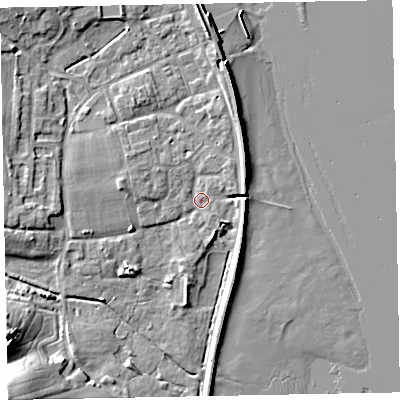 Shaded relief map of the ground around EX68EJ, computed from Environment Agency LiDAR. The ground here sits at about 3 m above sea level and falls 22 m across the surrounding 800 m. Surface water reaching this point runs off ground lying to the north-west, 1.5 m higher.