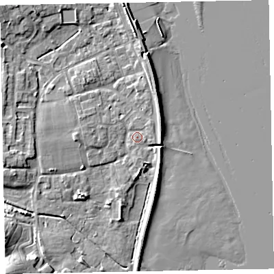 Shaded relief map of the ground around EX68EL, computed from Environment Agency LiDAR. The ground here sits at about 3 m above sea level and falls 18 m across the surrounding 800 m. Surface water reaching this point runs off ground lying to the east, 0.9 m higher.