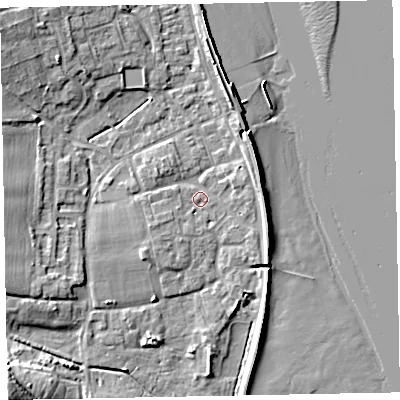 Shaded relief map of the ground around EX68EN, computed from Environment Agency LiDAR. The ground here sits at about 3 m above sea level and falls 20 m across the surrounding 800 m. Surface water reaching this point runs off ground lying to the east-south-east, 2.6 m higher.