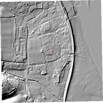 Shaded relief map of the ground around EX68EP, computed from Environment Agency LiDAR. The ground here sits at about 3 m above sea level and falls 26 m across the surrounding 800 m. Surface water reaching this point runs off ground lying to the west-north-west, 0.9 m higher.
