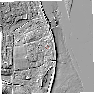 Shaded relief map of the ground around EX68EQ, computed from Environment Agency LiDAR. The ground here sits at about 3 m above sea level and falls 12 m across the surrounding 800 m. Surface water reaching this point runs off ground lying to the east-south-east, 2.0 m higher.
