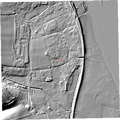 Shaded relief map of the ground around EX68EW, computed from Environment Agency LiDAR. The ground here sits at about 3 m above sea level and falls 27 m across the surrounding 800 m. Surface water reaching this point runs off ground lying to the north-west, 1.5 m higher.