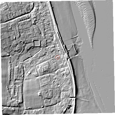 Shaded relief map of the ground around EX68FB, computed from Environment Agency LiDAR. The ground here sits at about 2 m above sea level and falls 10 m across the surrounding 800 m. Surface water reaching this point runs off ground lying to the north-east, 3.7 m higher.
