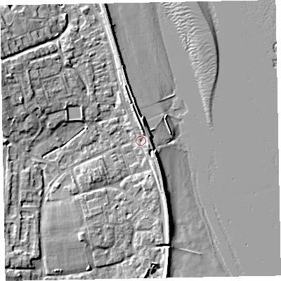 Shaded relief map of the ground around EX68HZ, computed from Environment Agency LiDAR. The ground here sits at about 3 m above sea level and falls 9 m across the surrounding 800 m. Surface water reaching this point runs off ground lying to the north, 3.7 m higher.