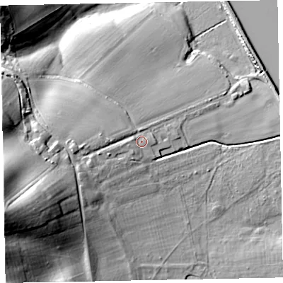 Shaded relief map of the ground around EX68JJ, computed from Environment Agency LiDAR. The ground here sits at about 10 m above sea level and falls 42 m across the surrounding 800 m. Surface water reaching this point runs off ground lying to the west-south-west, 28.0 m higher.