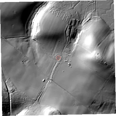 Shaded relief map of the ground around EX68JL, computed from Environment Agency LiDAR. The ground here sits at about 16 m above sea level and falls 47 m across the surrounding 800 m. Surface water reaching this point runs off ground lying to the east, 29.8 m higher.