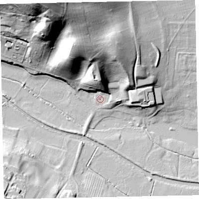 Shaded relief map of the ground around EX68JQ, computed from Environment Agency LiDAR. The ground here sits at about 3 m above sea level and falls 55 m across the surrounding 800 m. Surface water reaching this point runs off ground lying to the north-north-west, 31.2 m higher.