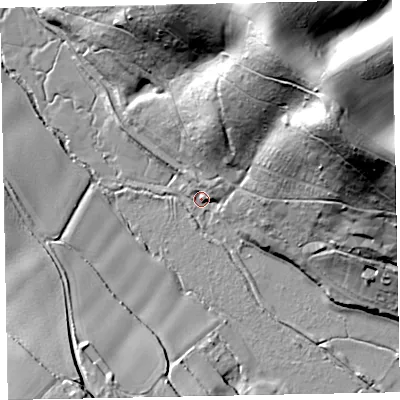 Shaded relief map of the ground around EX68JS, computed from Environment Agency LiDAR. The ground here sits at about 4 m above sea level and falls 67 m across the surrounding 800 m. Surface water reaching this point runs off ground lying to the north-north-east, 62.6 m higher.