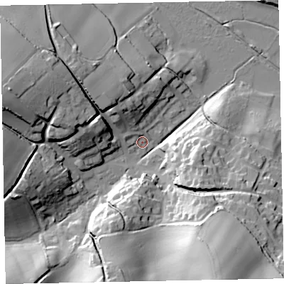 Shaded relief map of the ground around EX68JX, computed from Environment Agency LiDAR. The ground here sits at about 5 m above sea level and falls 43 m across the surrounding 800 m. Surface water reaching this point runs off ground lying to the north-north-west, 11.3 m higher.