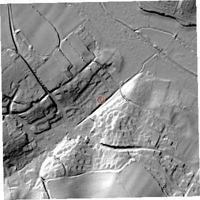 Shaded relief map of the ground around EX68JY, computed from Environment Agency LiDAR. The ground here sits at about 4 m above sea level and falls 40 m across the surrounding 800 m. Surface water reaching this point runs off ground lying to the south-south-east, 38.0 m higher.