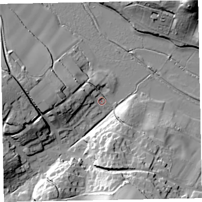 Shaded relief map of the ground around EX68JZ, computed from Environment Agency LiDAR. The ground here sits at about 4 m above sea level and falls 40 m across the surrounding 800 m. Surface water reaching this point runs off ground lying to the west, 12.5 m higher.