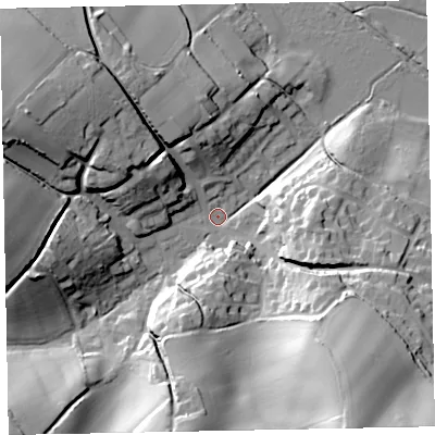 Shaded relief map of the ground around EX68LB, computed from Environment Agency LiDAR. The ground here sits at about 5 m above sea level and falls 47 m across the surrounding 800 m. Surface water reaching this point runs off ground lying to the south-south-east, 43.2 m higher.