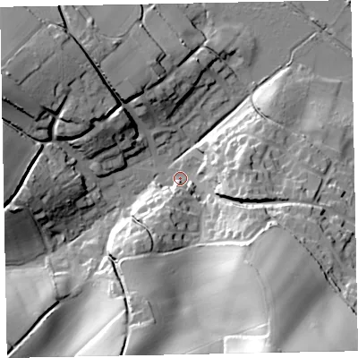 Shaded relief map of the ground around EX68LD, computed from Environment Agency LiDAR. The ground here sits at about 6 m above sea level and falls 52 m across the surrounding 800 m. Surface water reaching this point runs off ground lying to the south-south-east, 46.8 m higher.